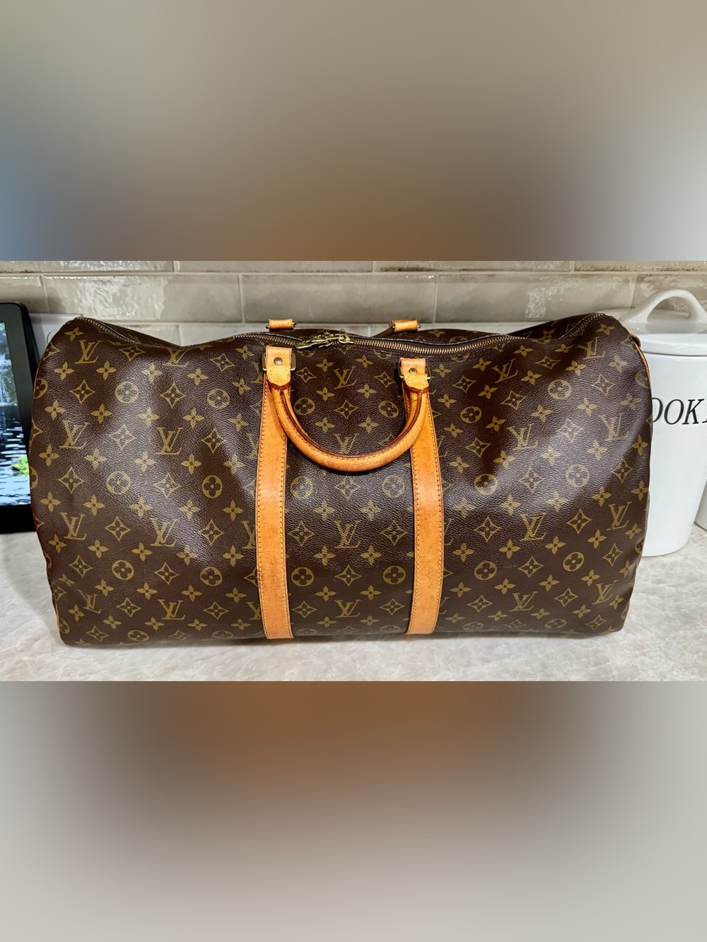 Louis Vuitton Vintage Keepall 55 Monogram Canvas Duffel with Tan Leather Straps